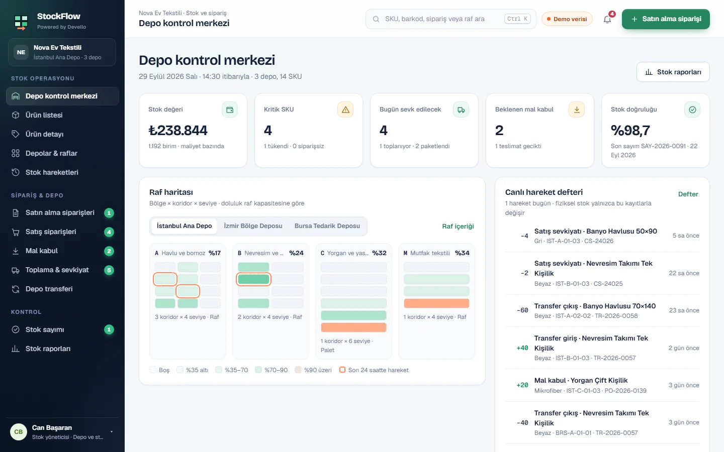 StockFlow warehouse control center: shelf map and movement ledger